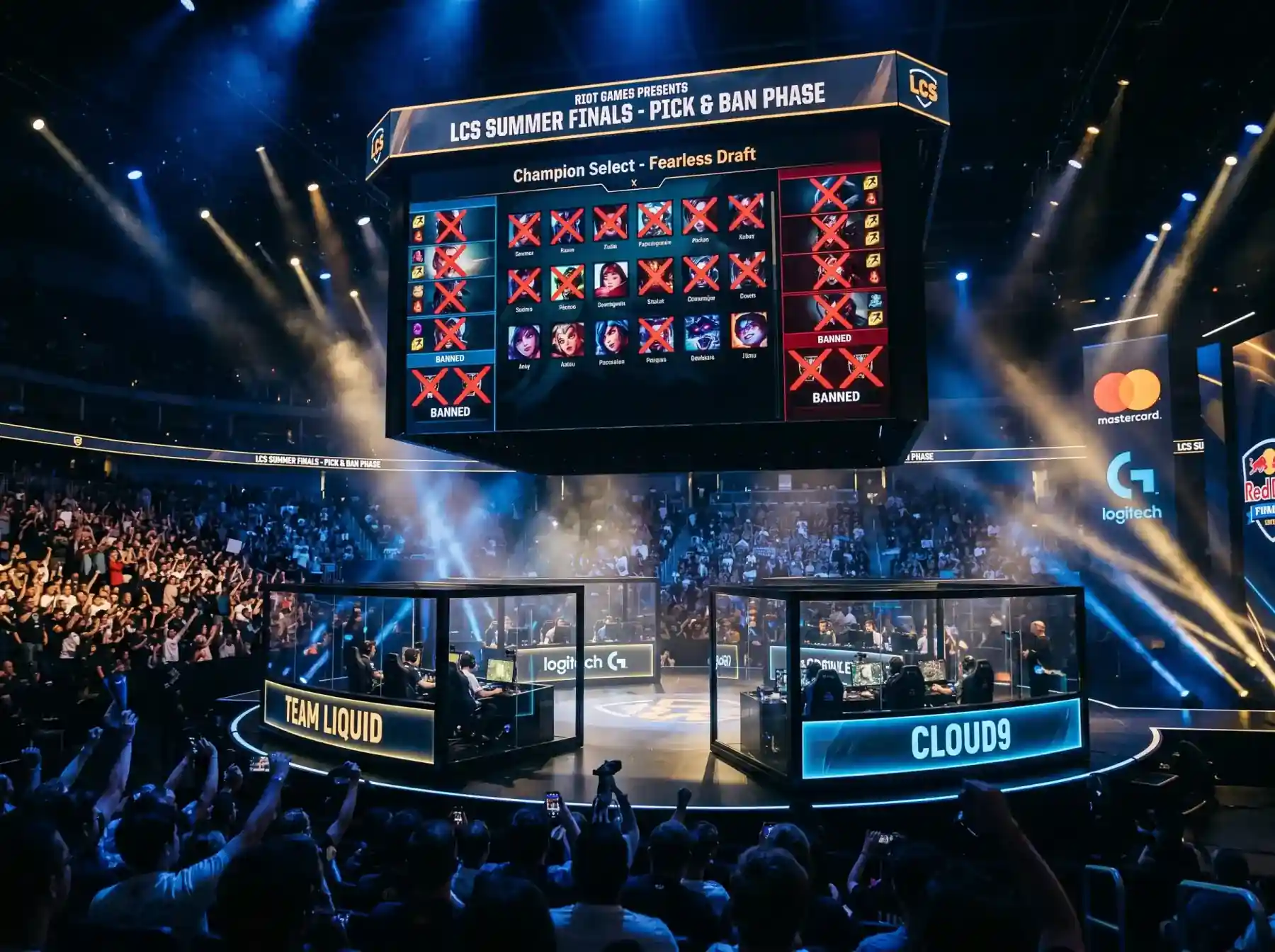 Pantalla de selección de campeones en una partida competitiva de League of Legends con el sistema Fearless Draft activo